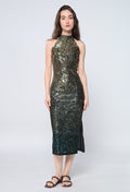Golden And Green Sequins Halter Neck Midi Dress