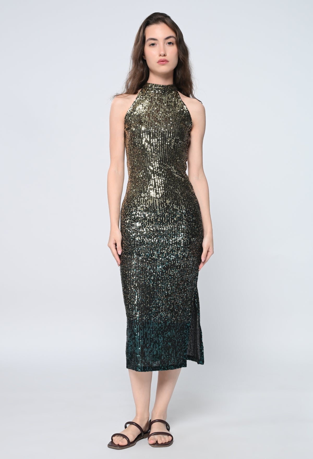 Golden And Green Sequins Halter Neck Midi Dress
