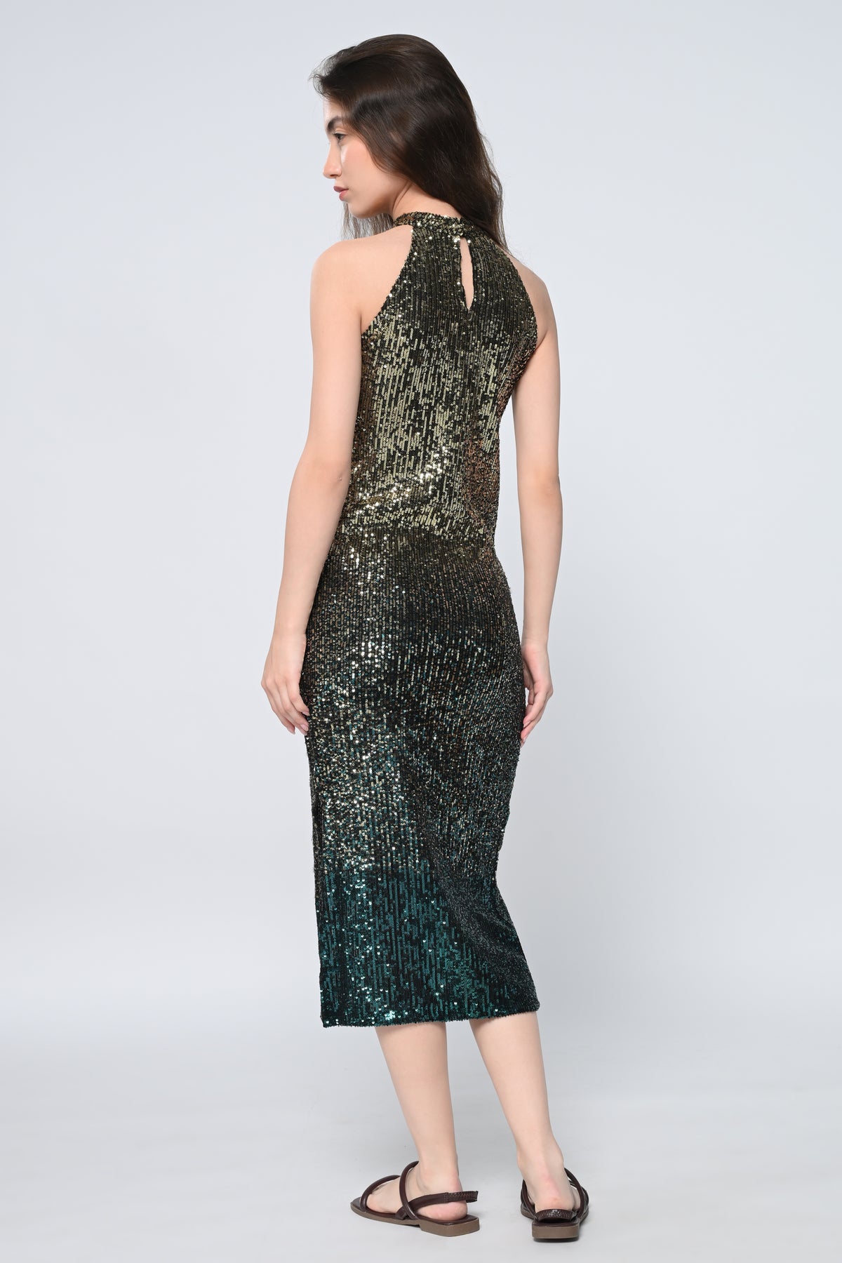 Golden And Green Sequins Halter Neck Midi Dress