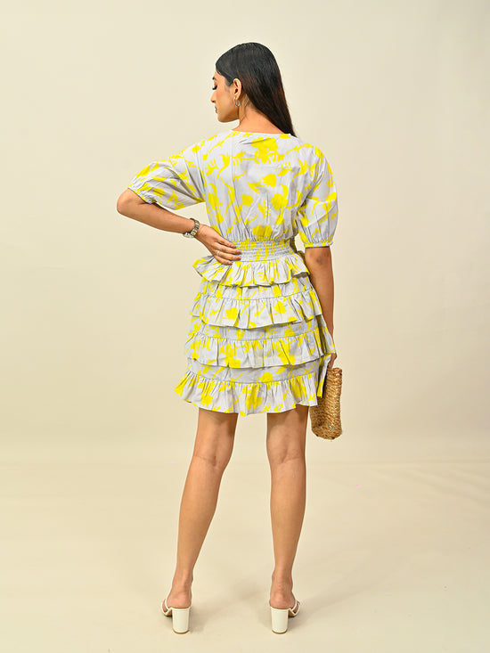 Grey Printed Frill Dress