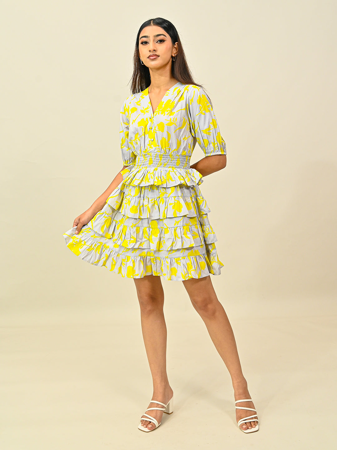 Grey Printed Frill Dress