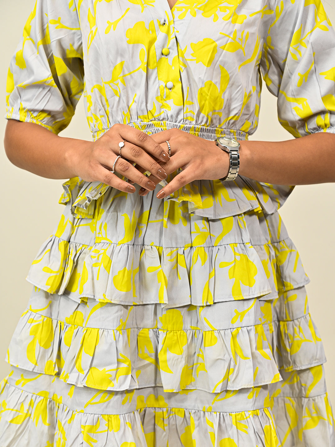 Grey Printed Frill Dress