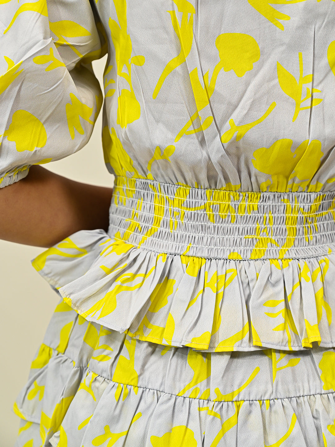 GREY PRINTED FRILL DRESS