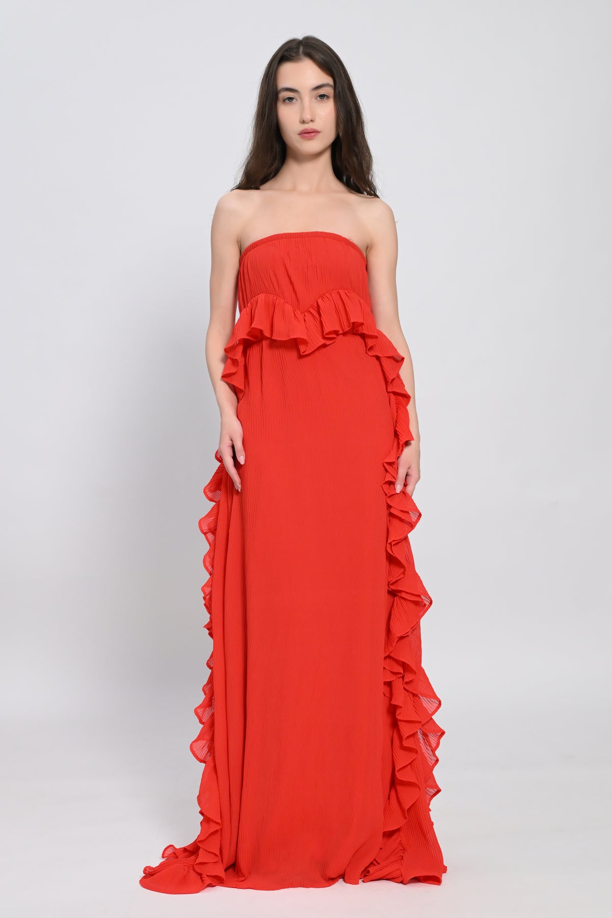 Coral Ruffle Maxi Dress