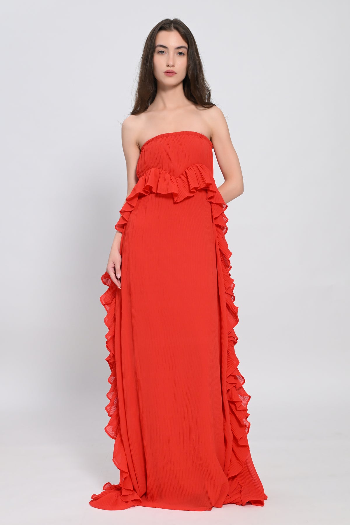 Coral Ruffle Maxi Dress