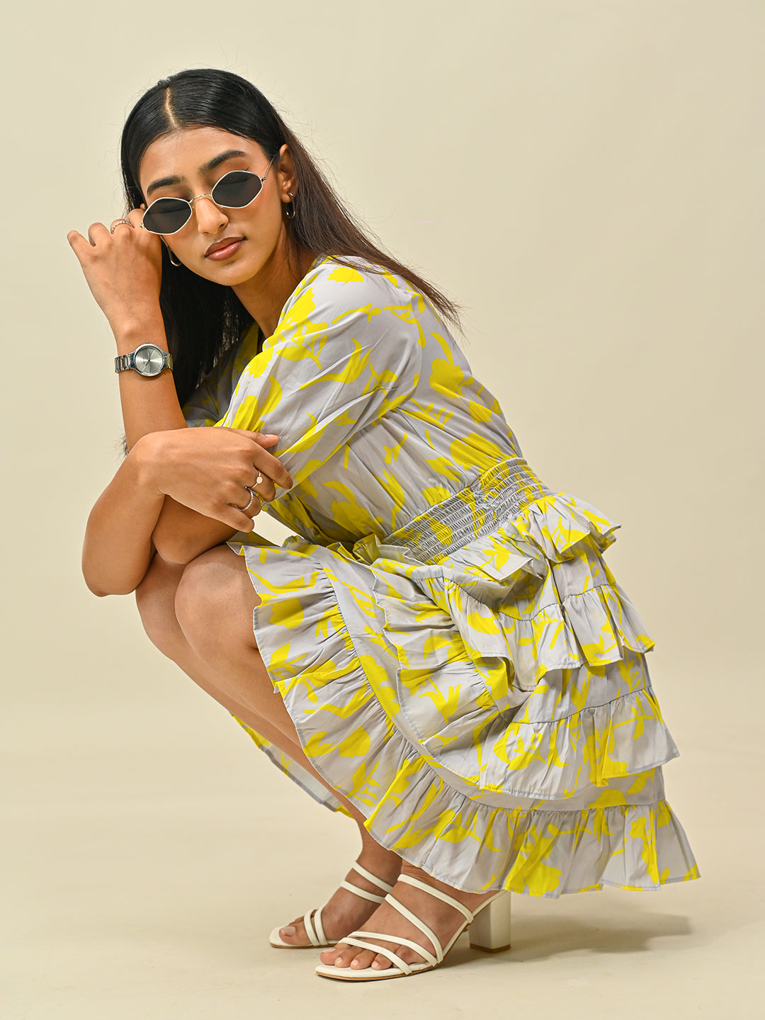 Grey Printed Frill Dress