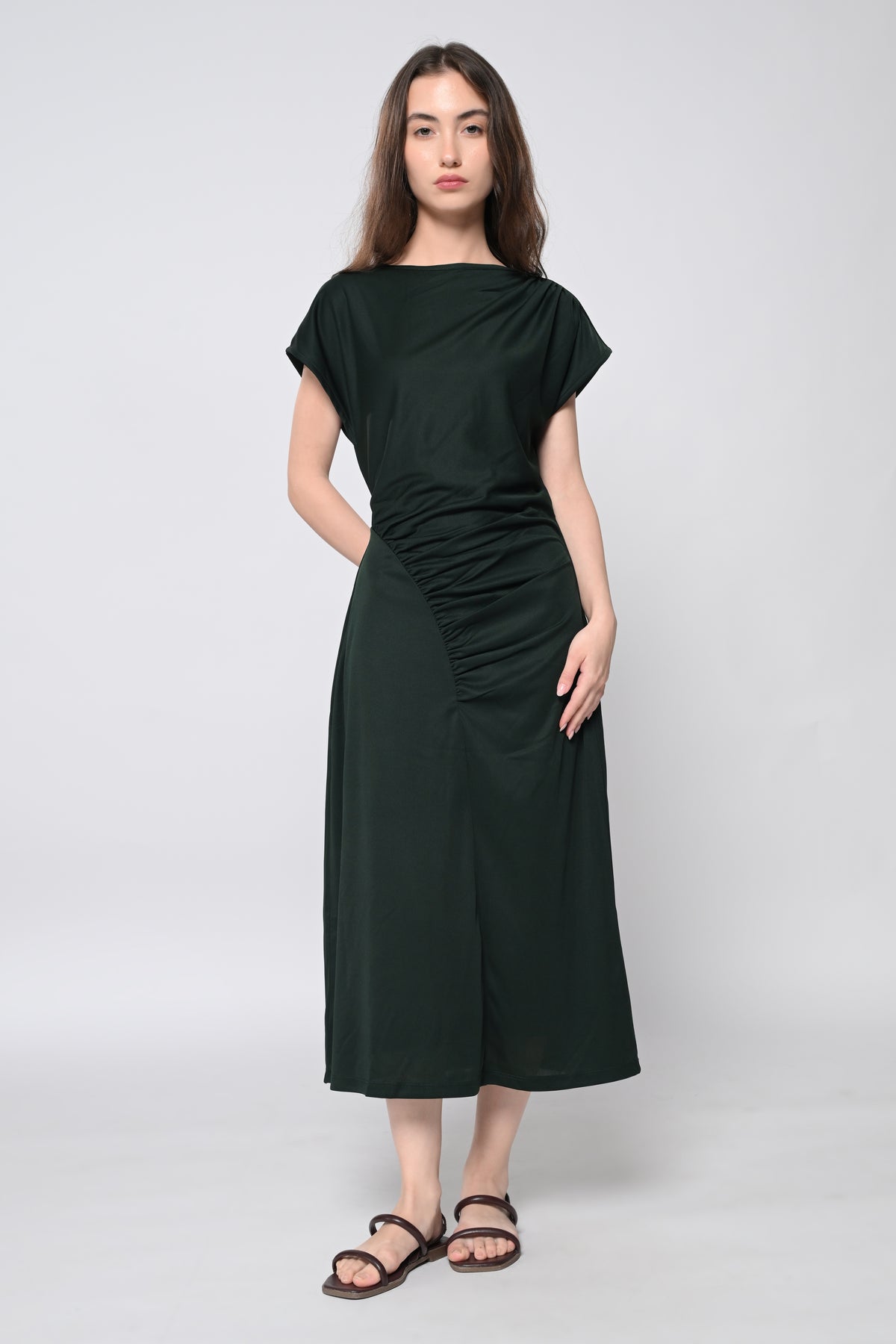 Midnight Green Ruched Midi Dress