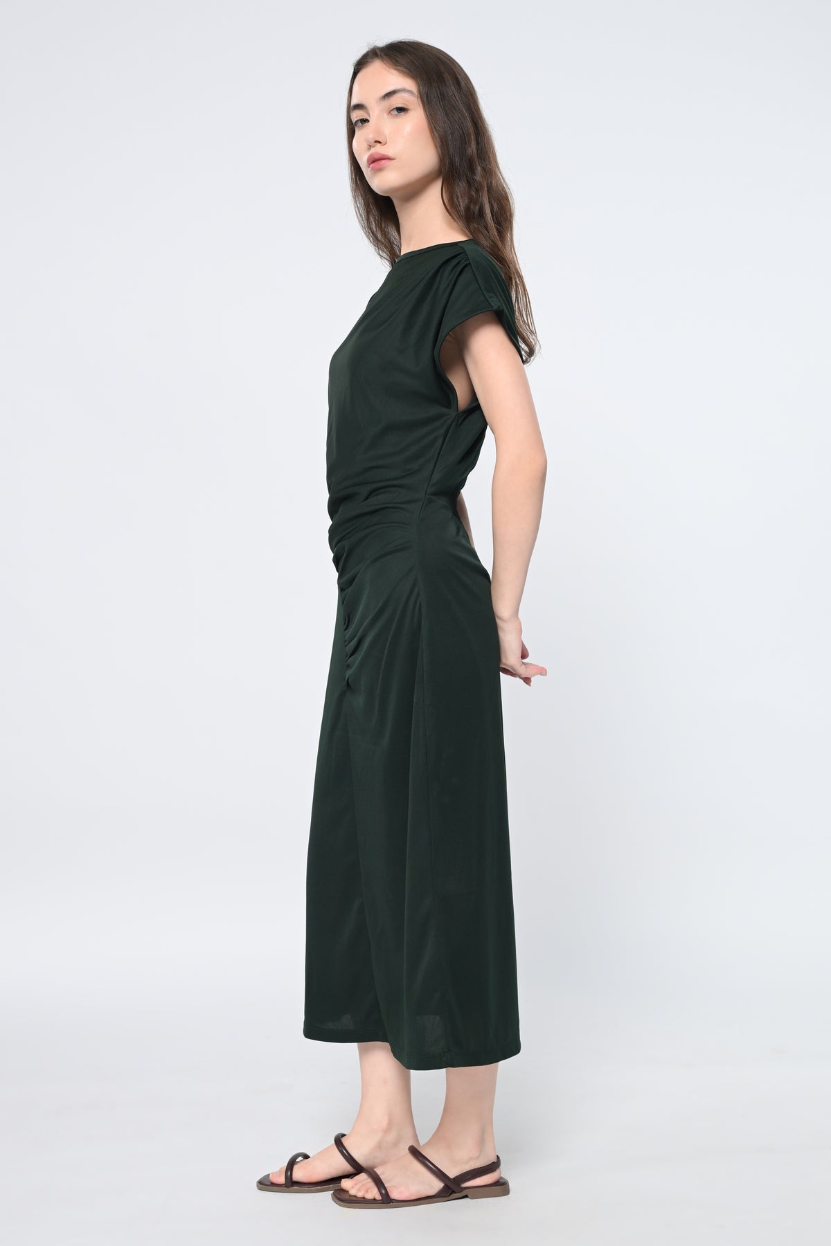 Midnight Green Ruched Midi Dress