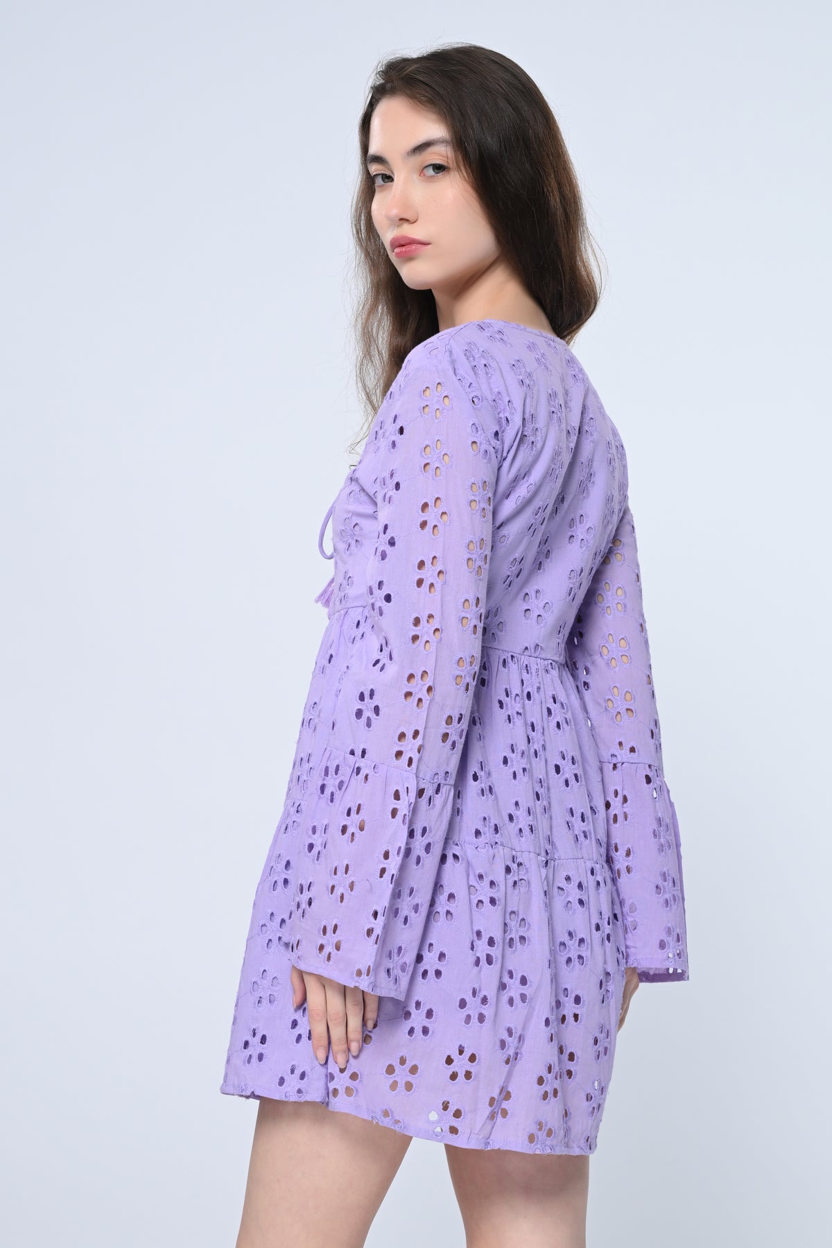Lavender Schiffli Sleeve Mini Dress