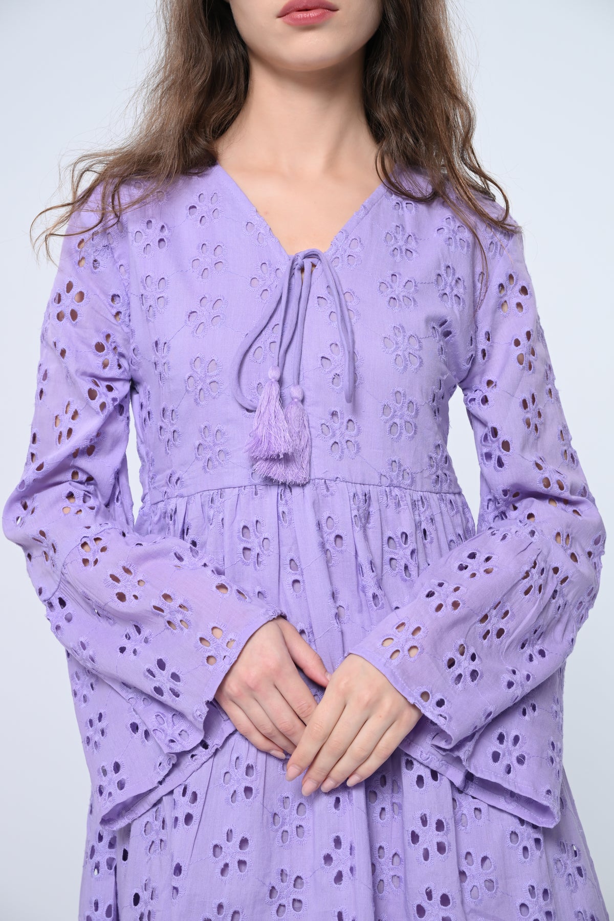 Lavender Schiffli Sleeve Mini Dress