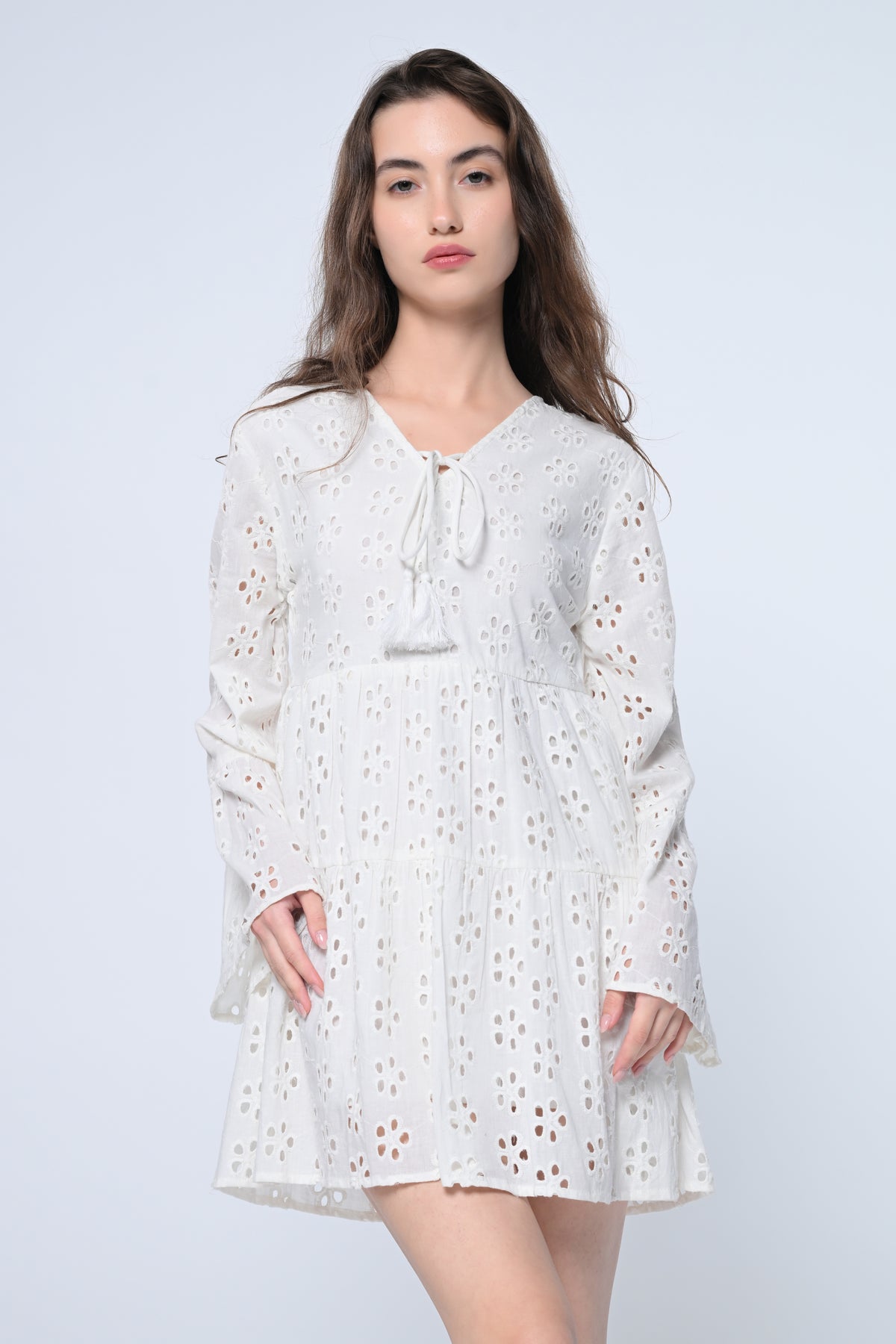 White Schiffli Sleeve Mini Dress