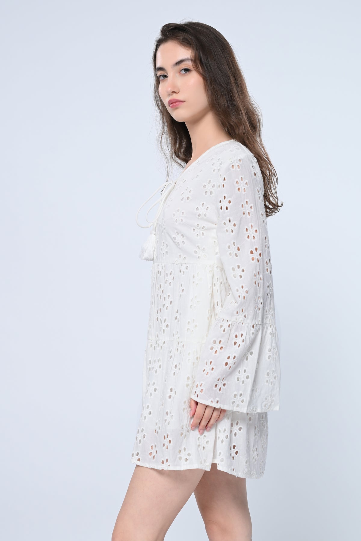 White Schiffli Sleeve Mini Dress