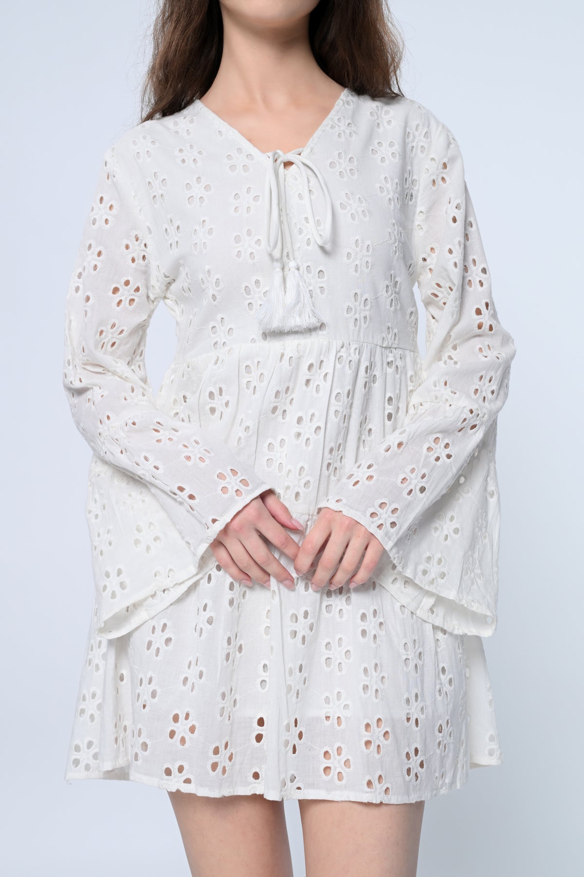 White Schiffli Sleeve Mini Dress