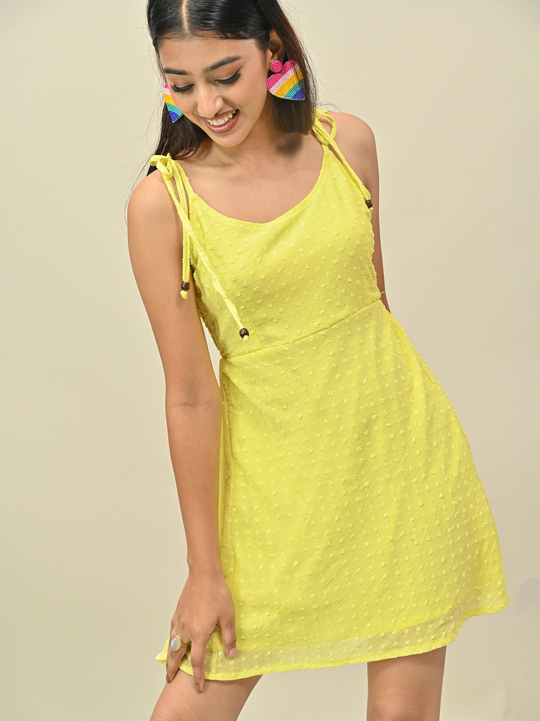 YELLOW DOBBY STRAPPY DRESS