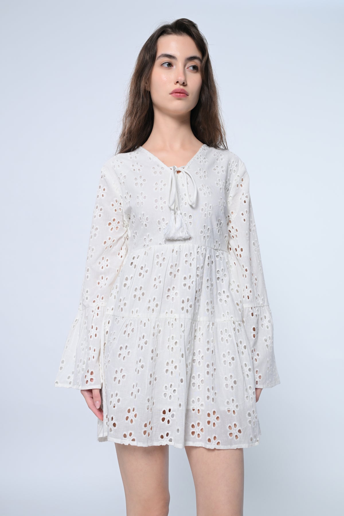 White Schiffli Sleeve Mini Dress