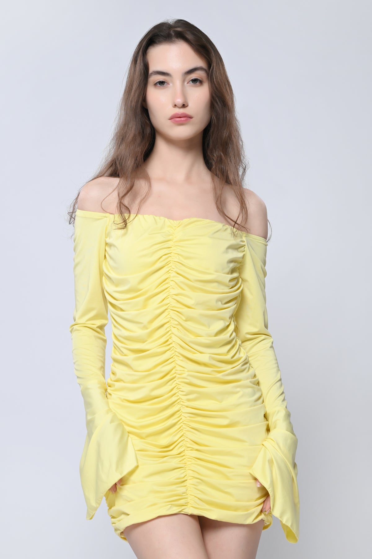 Yellow Ruched Bodycon Mini Dress