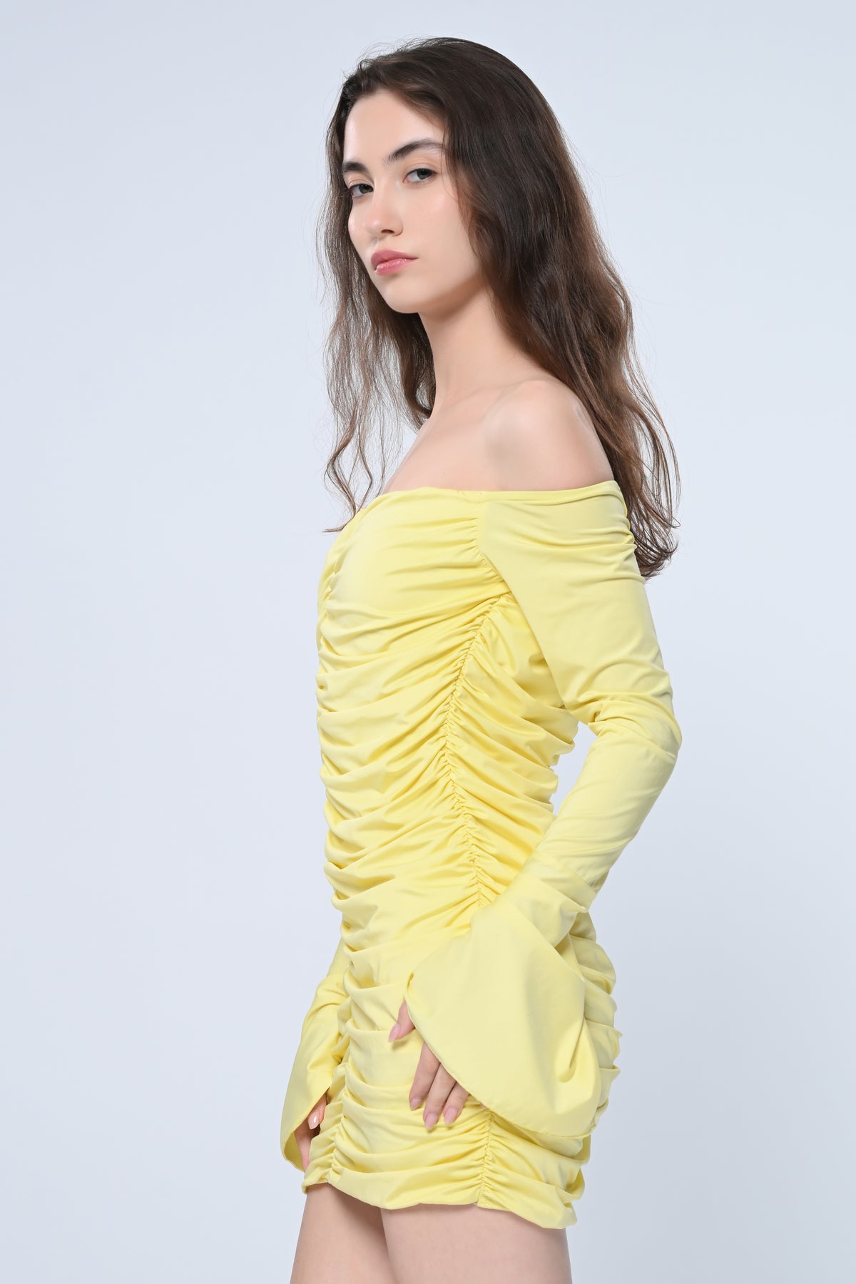 Yellow Ruched Bodycon Mini Dress