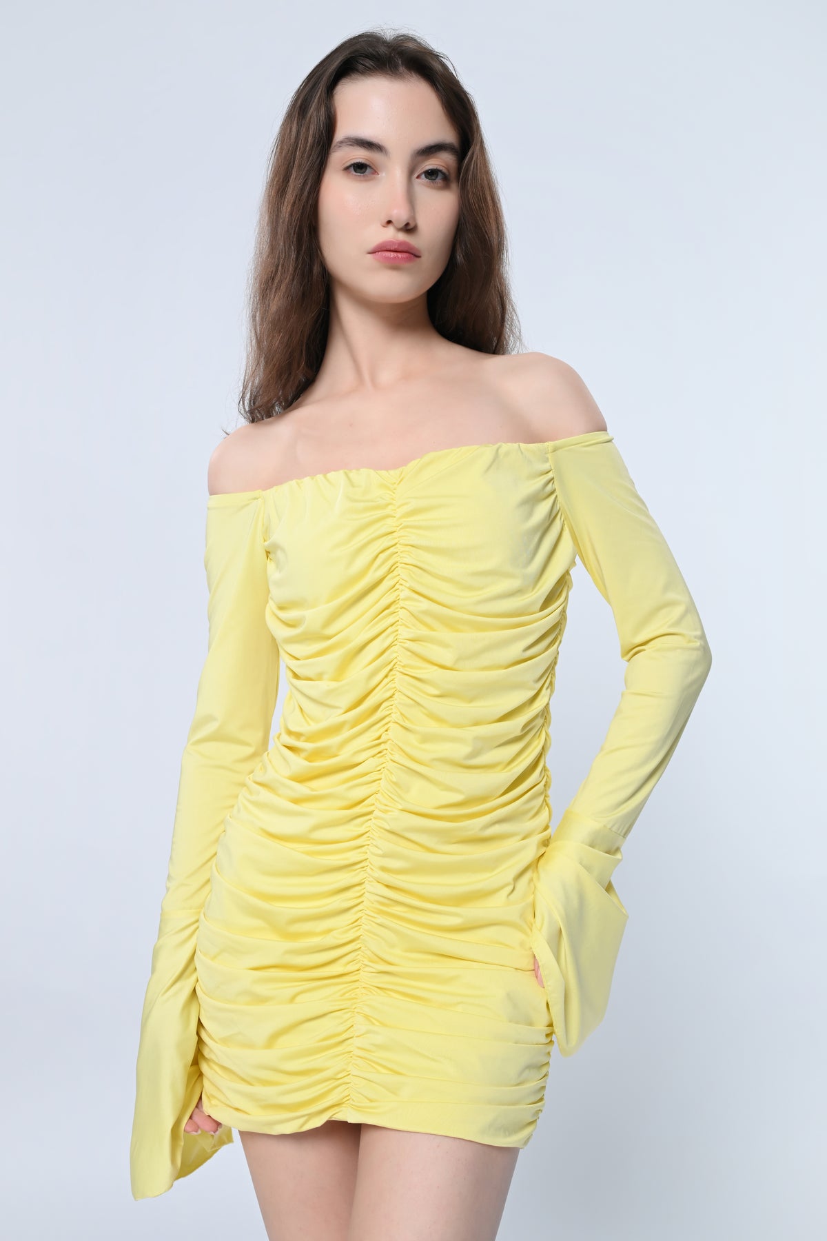 Yellow Ruched Bodycon Mini Dress