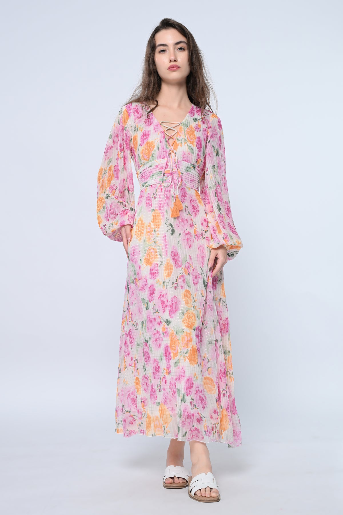 Floral Pleated Maxi Dress with Lace