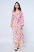 Floral Pleated Maxi Dress with Lace