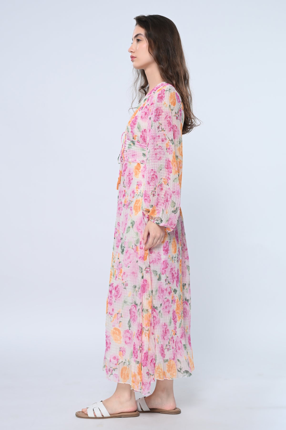 Floral Pleated Maxi Dress with Lace