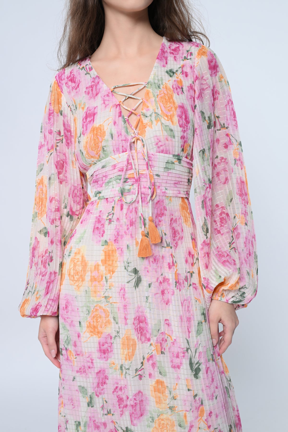 Floral Pleated Maxi Dress with Lace