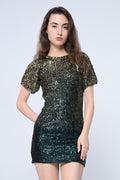Green Sequins Puff Sleeve Mini Dress