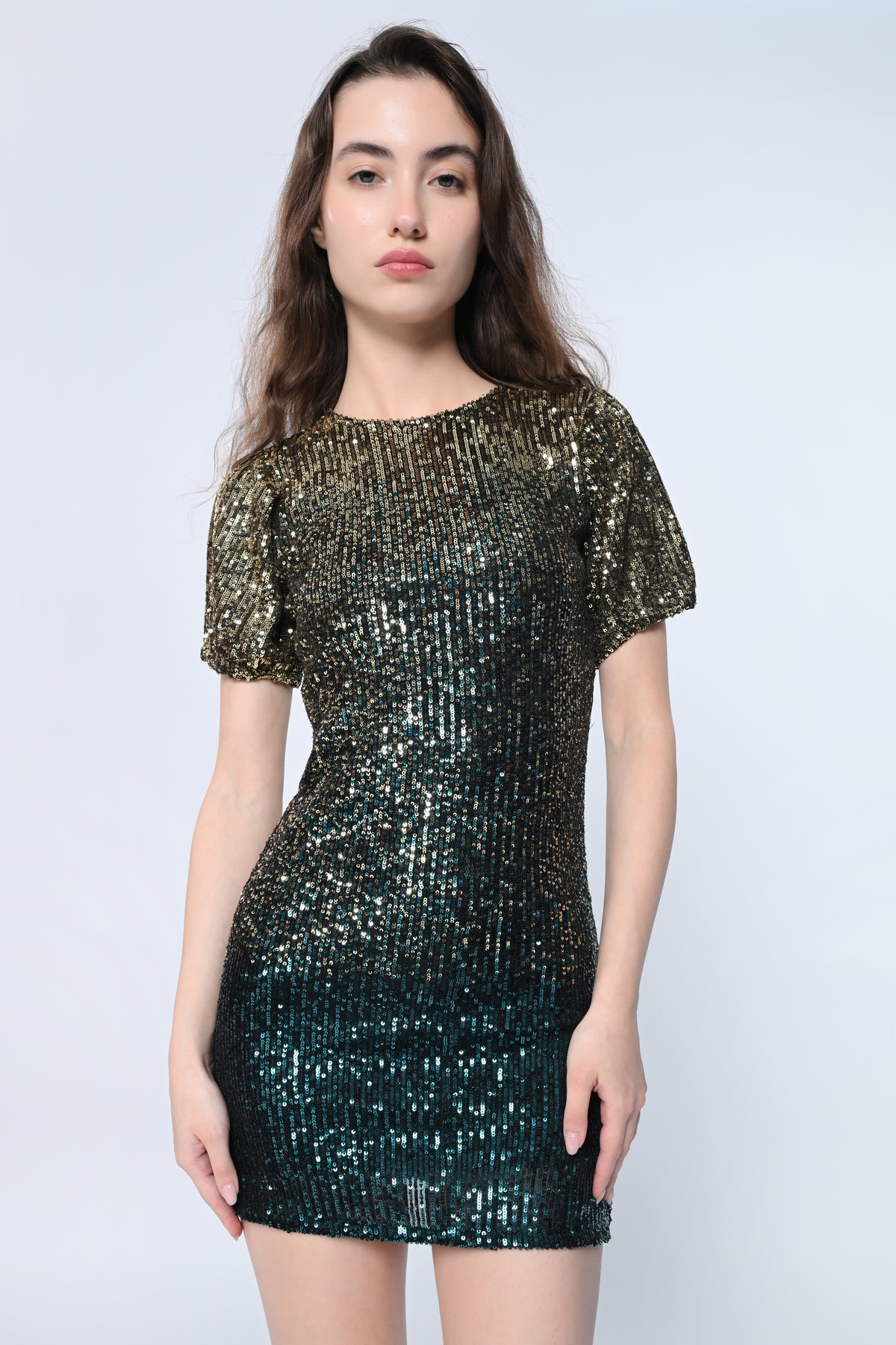 Green Sequins Puff Sleeve Mini Dress