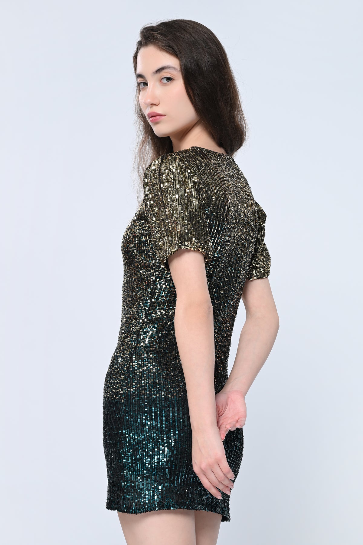 Green Sequins Puff Sleeve Mini Dress