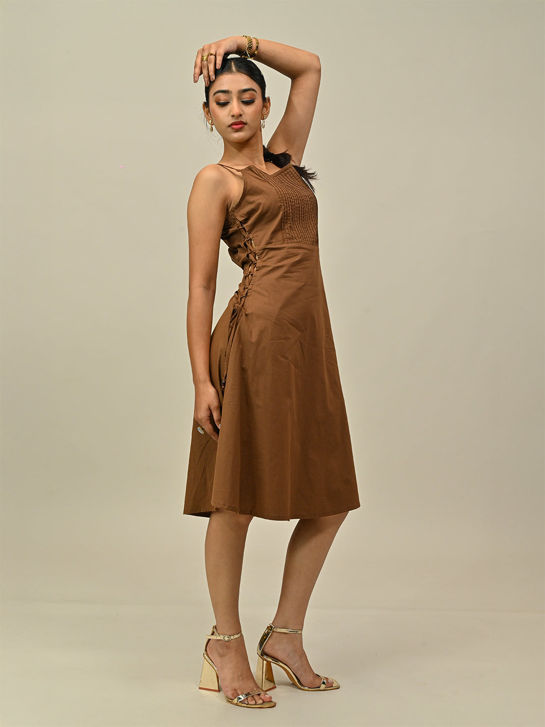 Brown Front Pleated Midi Dress