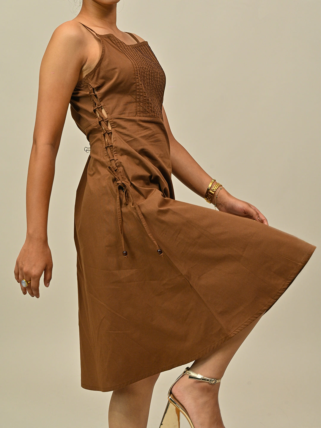 Brown Front Pleated Midi Dress