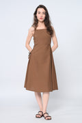 Brown Front Pleated Midi Dress