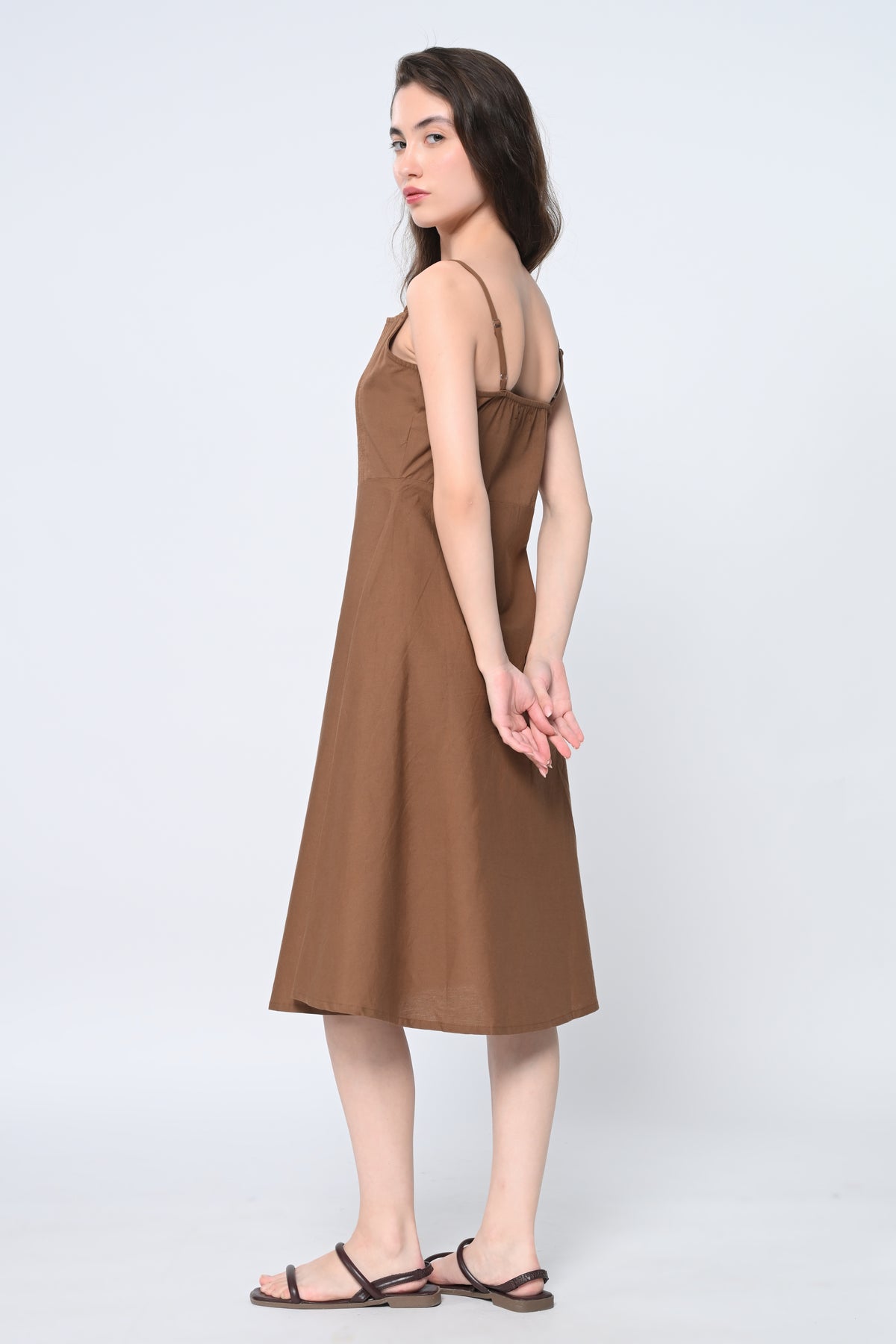 Brown Front Pleated Midi Dress