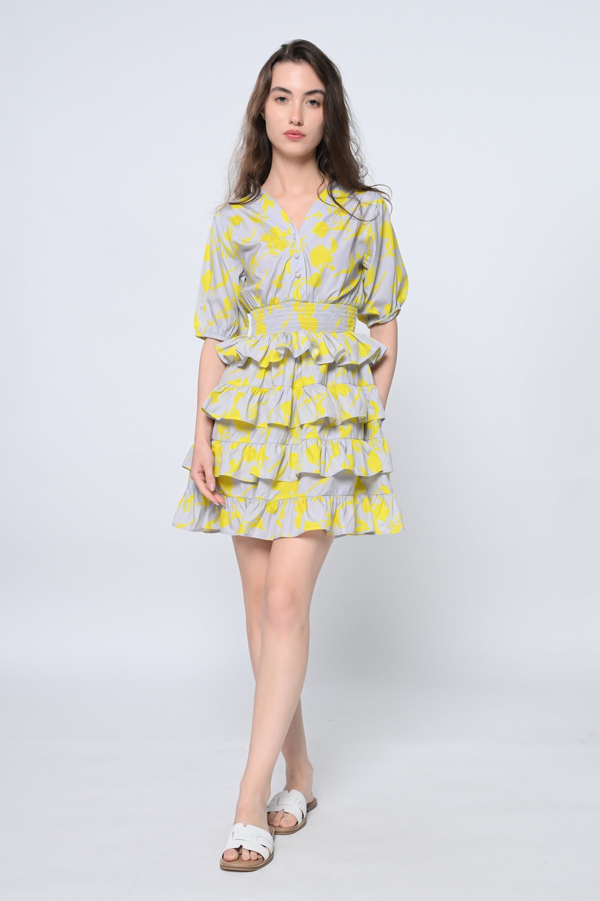 Grey Printed Frill Dress