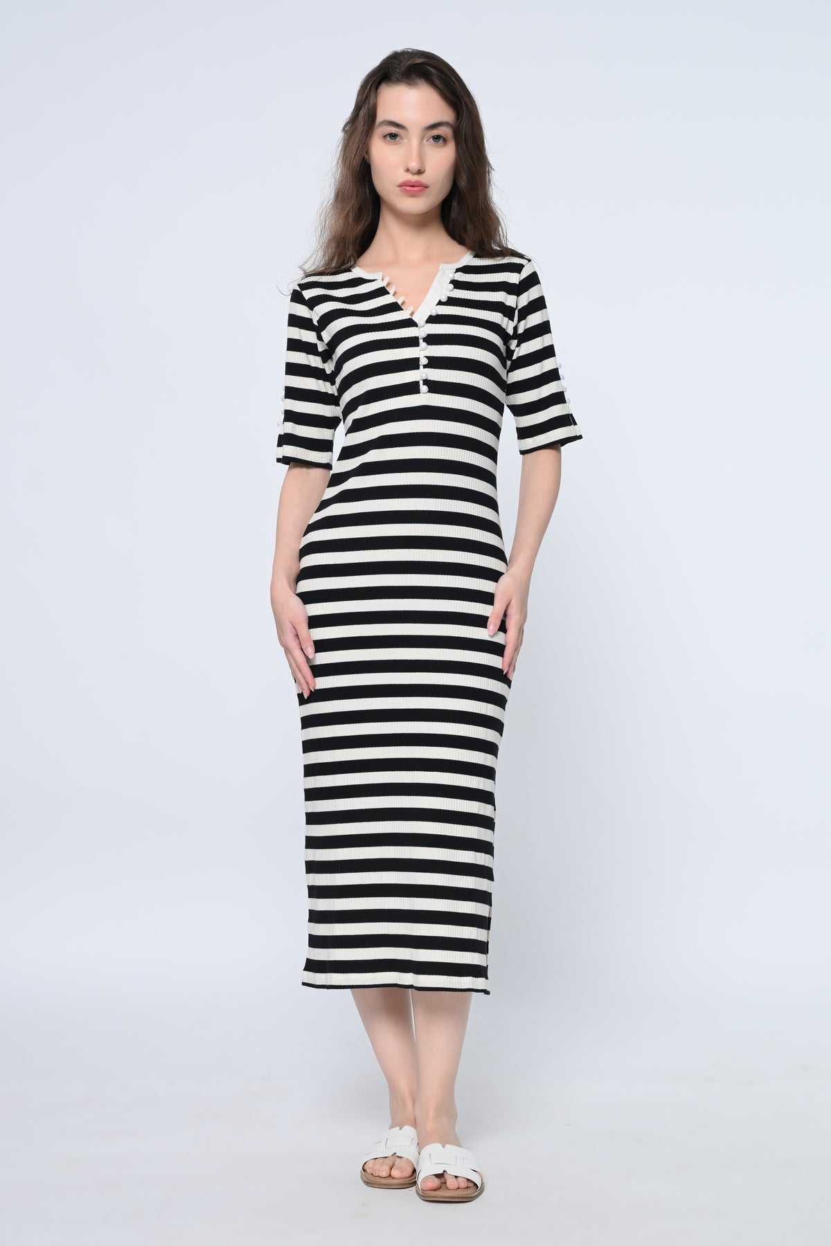 Stripe Pearl detail bodycon dress