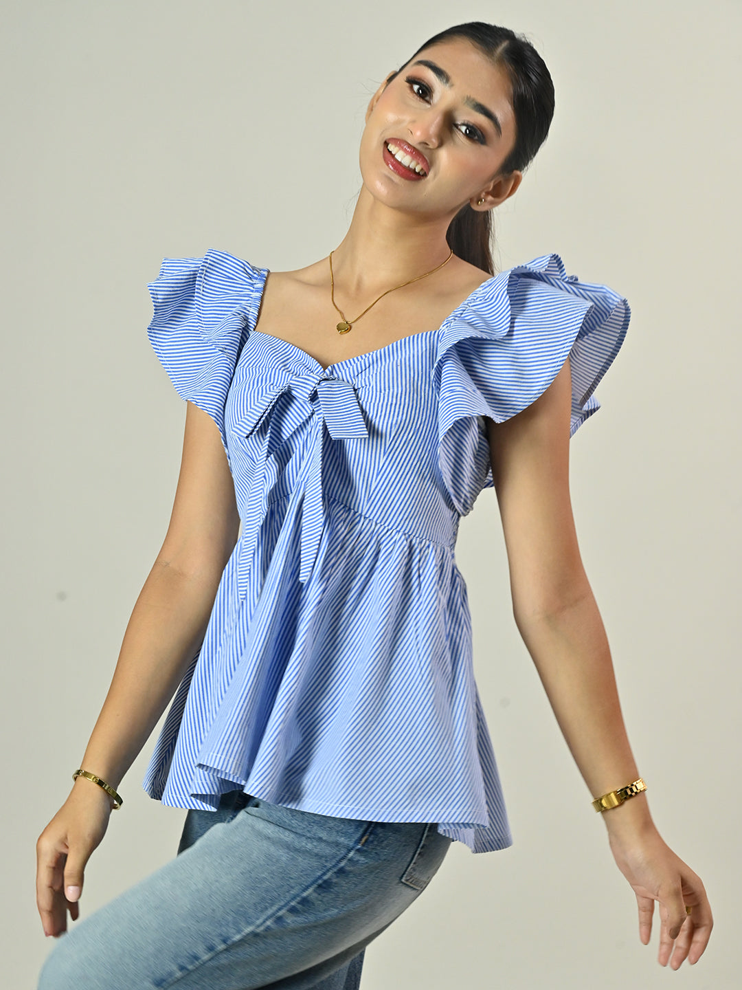 Blue Stripe Frill Top