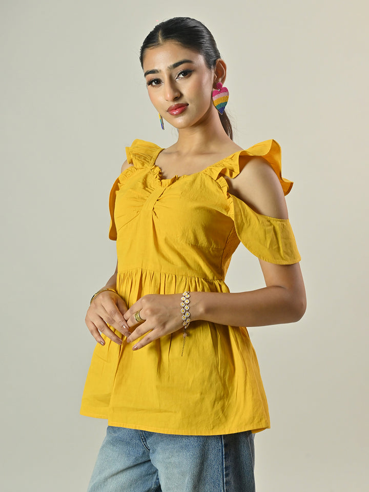 YELLOW FRILL SLEEVE PEPLUM TOP
