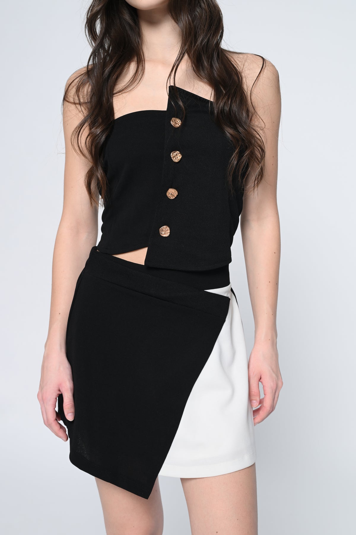 Asymmetrical Top & Black-White Skirt Co-Ord Set