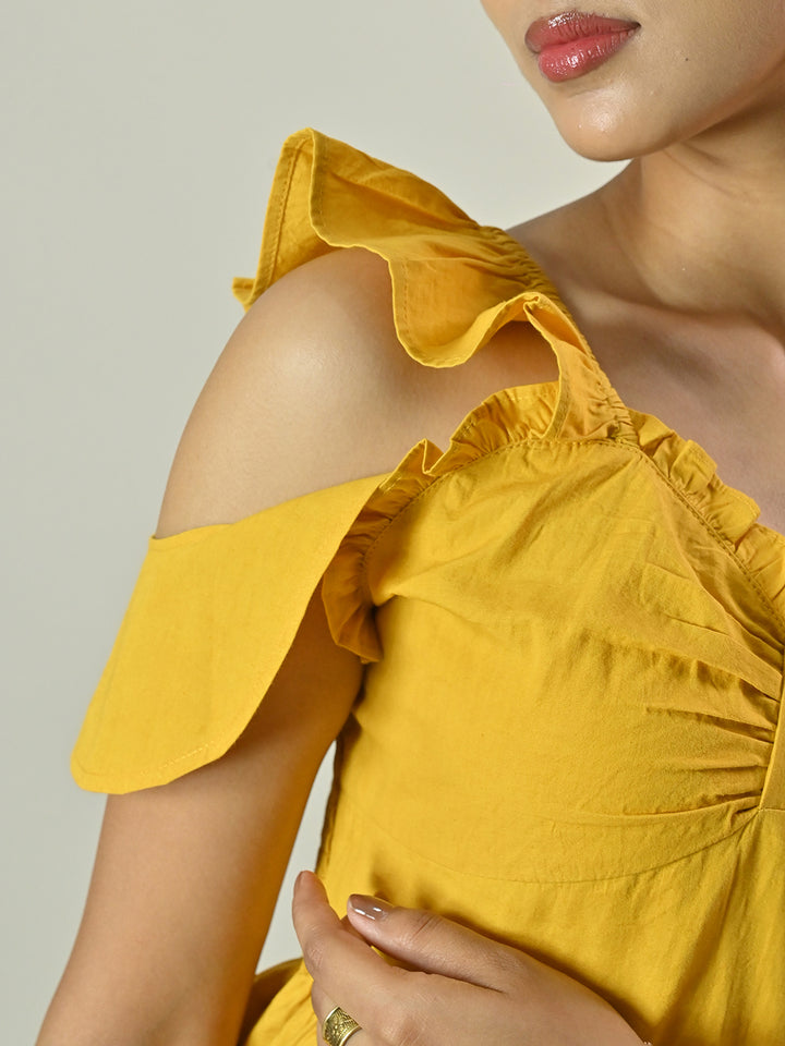 YELLOW FRILL SLEEVE PEPLUM TOP