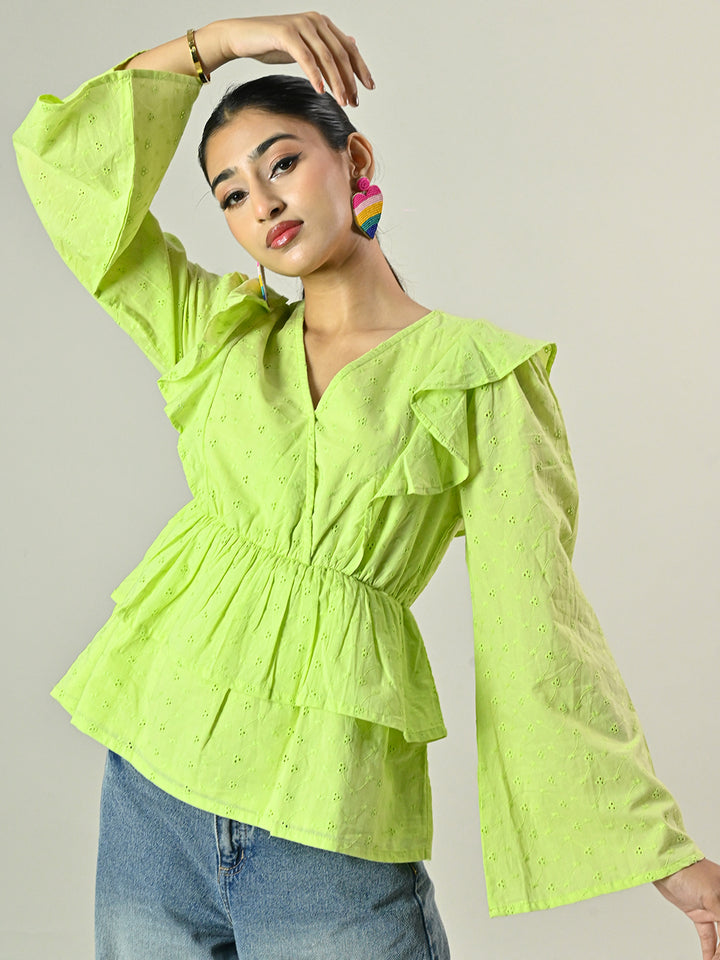 GREEN SCHIFFLI PEPLUM TOP