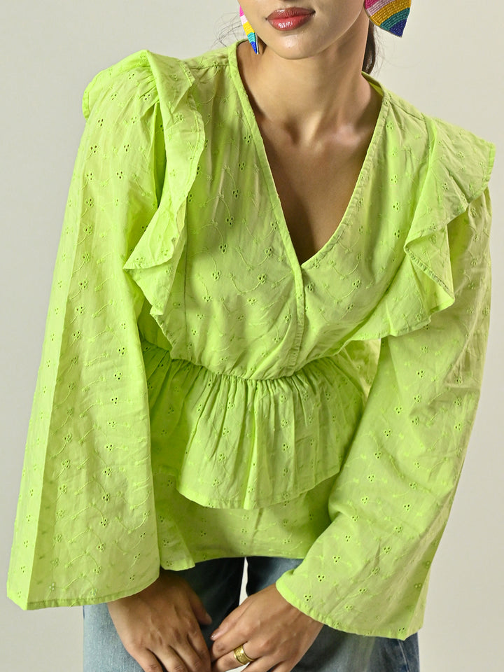 GREEN SCHIFFLI PEPLUM TOP