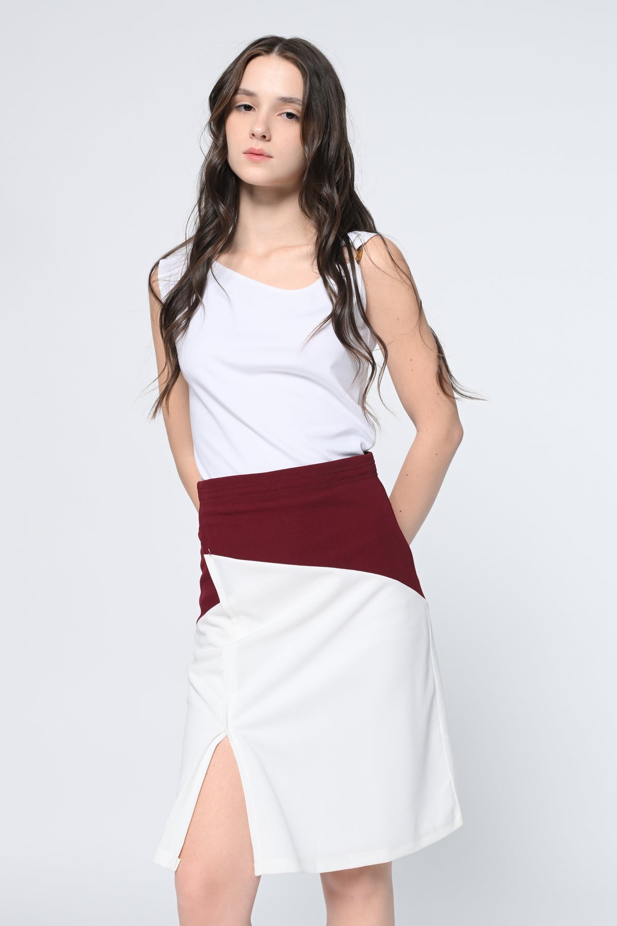 White Maroon Slit Skirt
