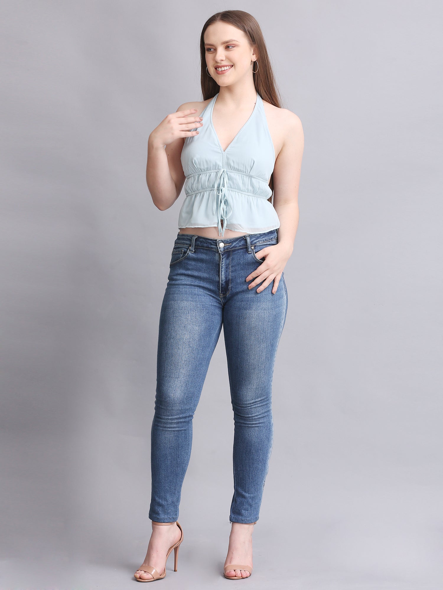 ICE BLUE HALTER NECK CROP TIE TOP