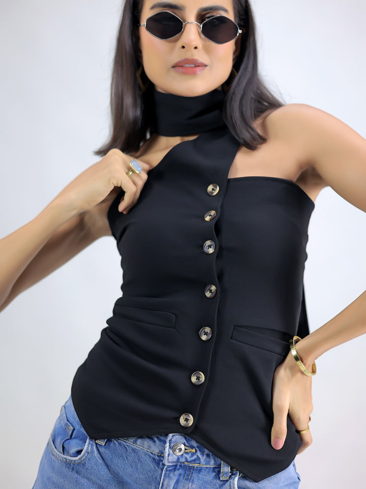 BLACK BUTTON TOP WITH TIE
