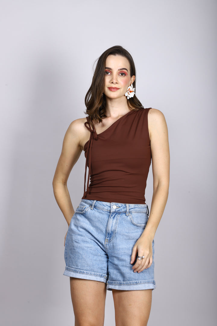BROWN ONE SHOULDER TIE TOP