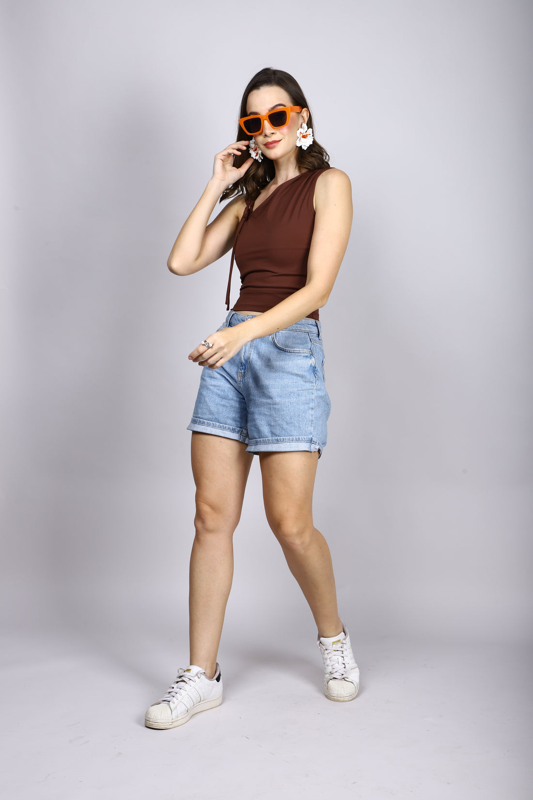 BROWN ONE SHOULDER TIE TOP