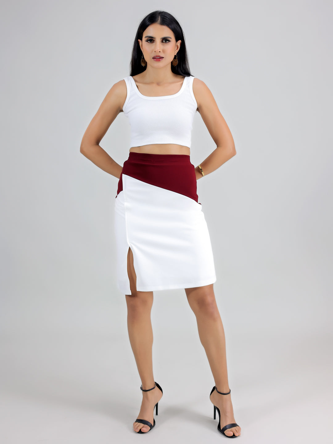 WHITE MAROON SLIT SKIRT