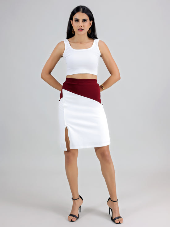 White Maroon Slit Skirt