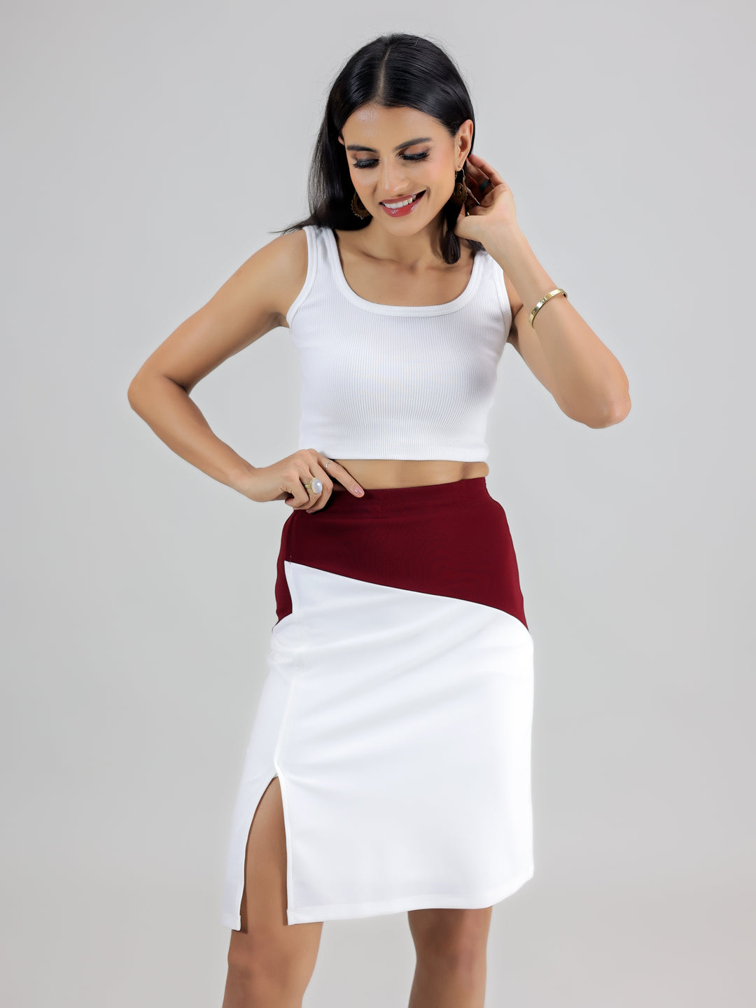 White Maroon Slit Skirt