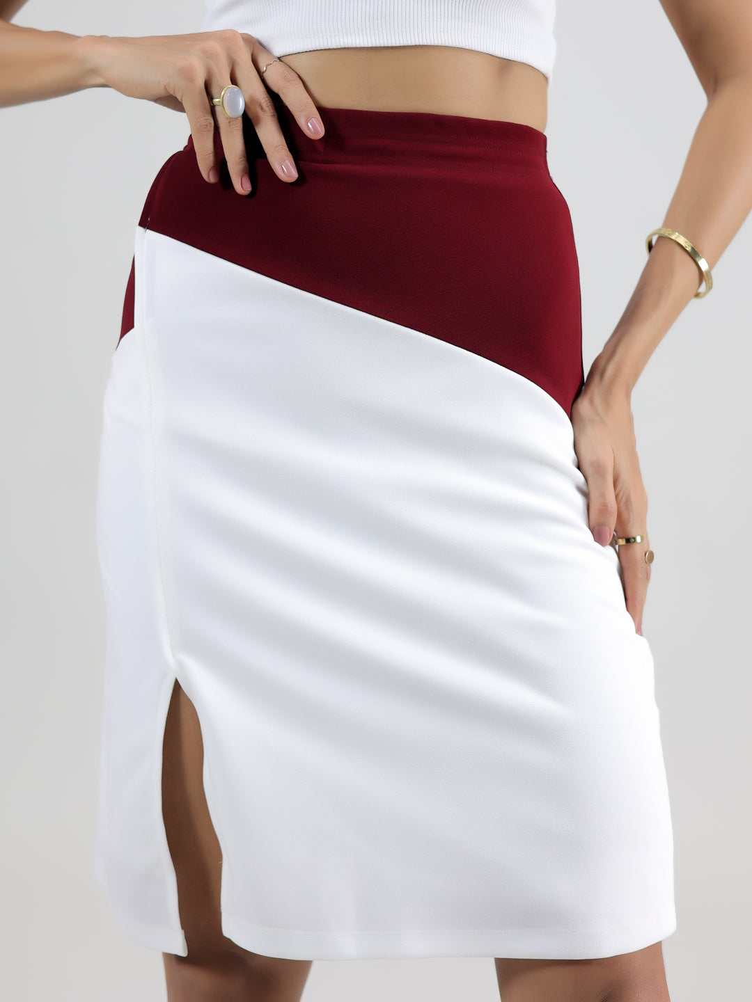 White Maroon Slit Skirt